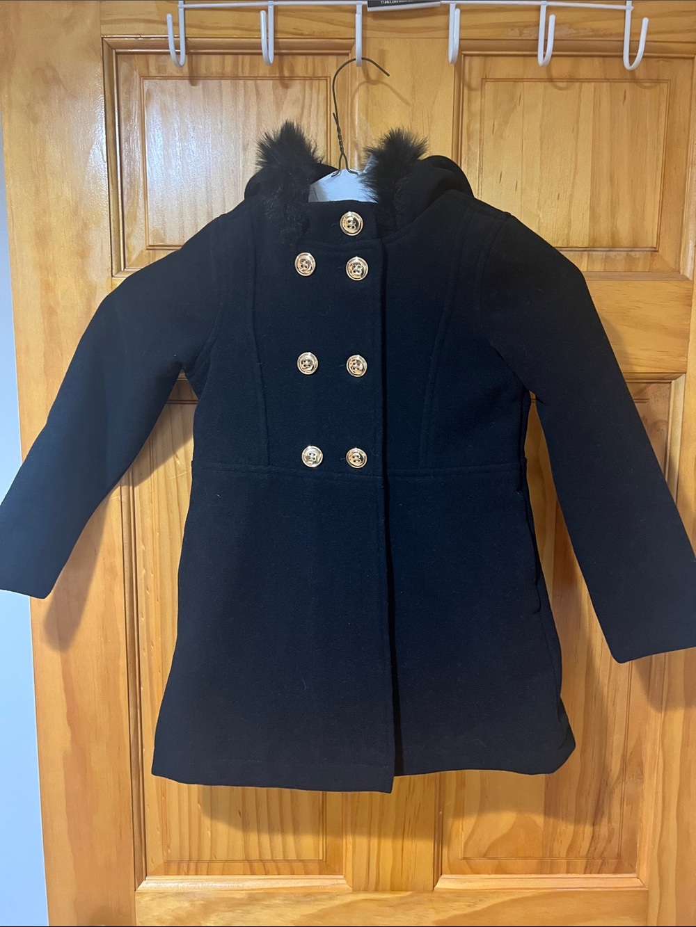 Gymboree Black Double-Breasted Hooded Pea Coat with Faux Fur Trim